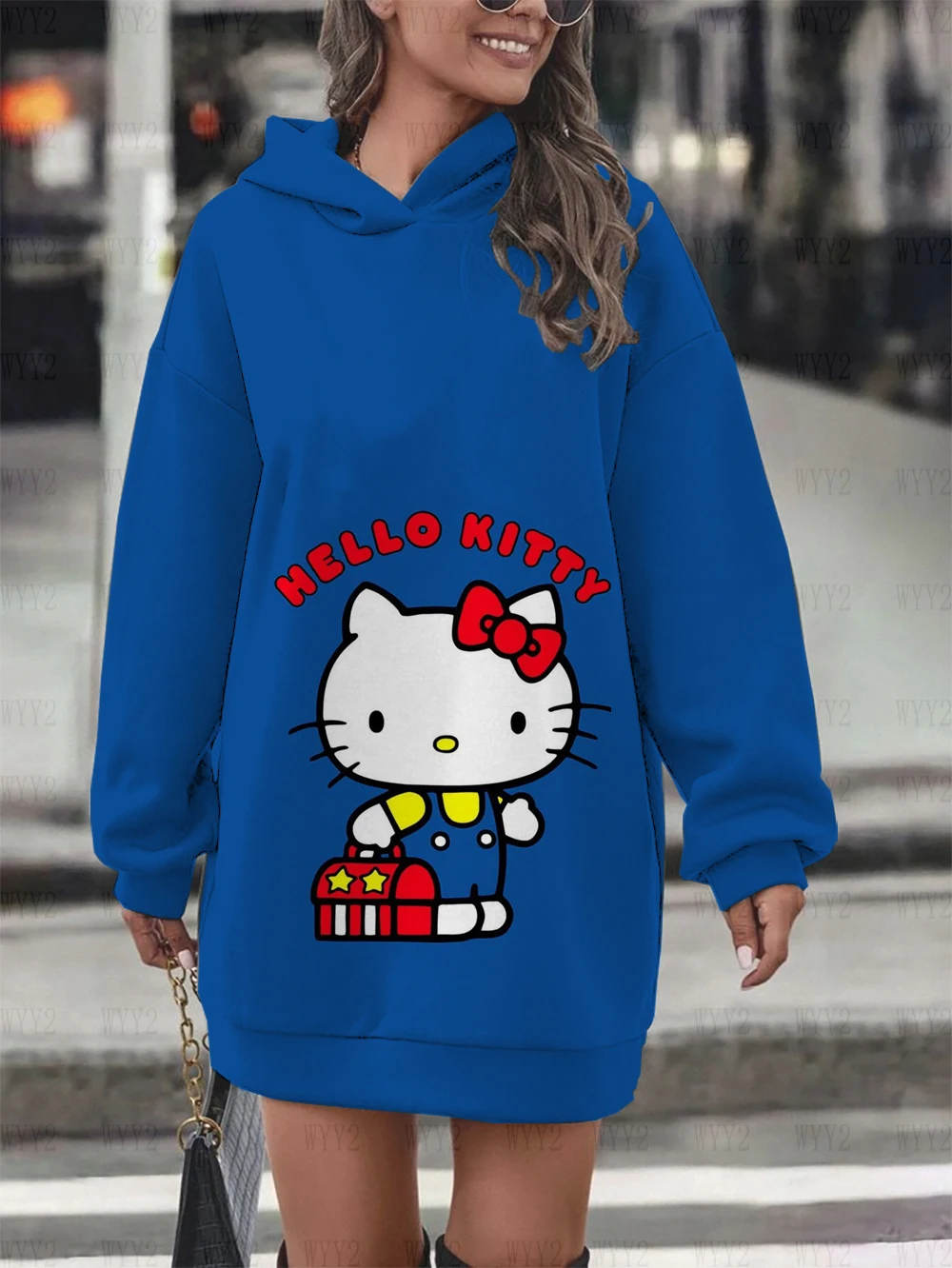 Women\'s Winter Dress Cartoon Sweet Print HelloKitty Long Sleeve Hoodie Dress Fashionable Women\'s Warm Sweater