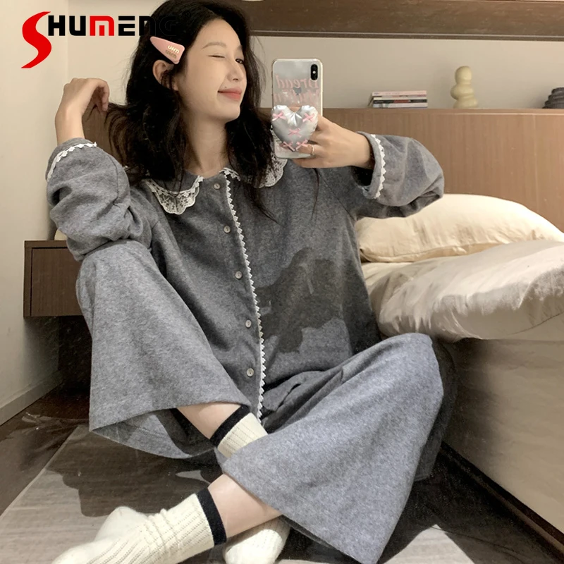 

Gray Velvet Pajamas for Women Autumn Winter New High End Casual Loungewear Suits Female Japanese Style Long Sleeve Homewear Set