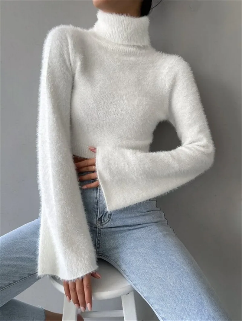 Women's High Neck Crop Open Belly Button Sweater Autumn Flared Long Sleeves White Temperament Woman Fashion Casual Pullover