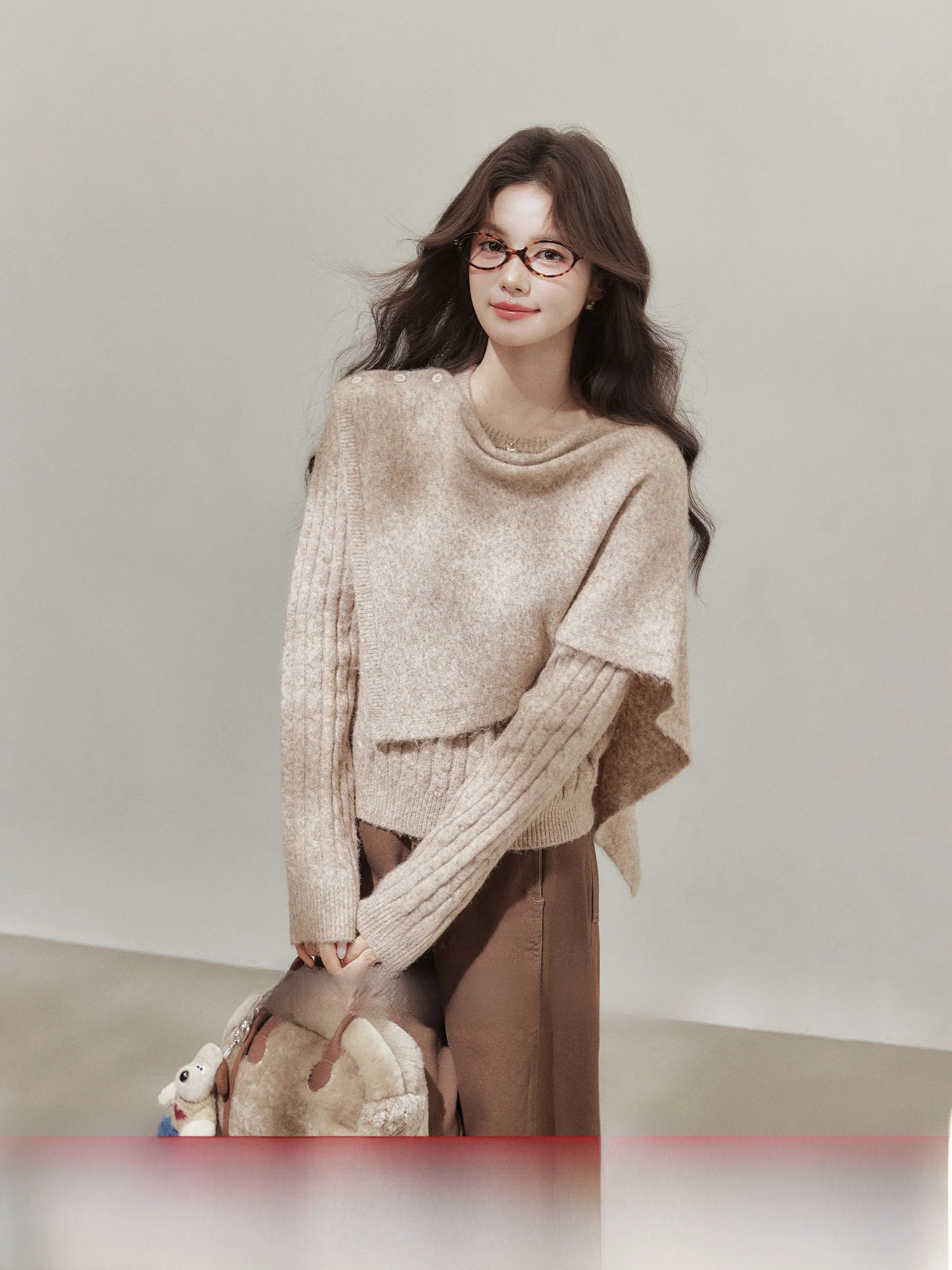 

Ouyang Xiwai Frui Sweet Tea Plump Lazy Feel Cowl Ne oulder Wrap Sweater Oats Color Knitted irt for plus Size Women