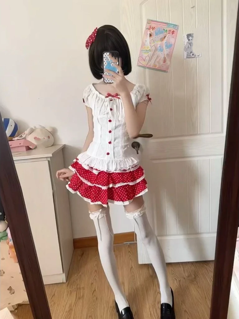 Y2k Japan Style Kawaii 2 Piece Skirt Sets Women 2000s Harajuku Vintage Sweet Suits Lolita Short Sleeve + Polka Dot Mini Skirts