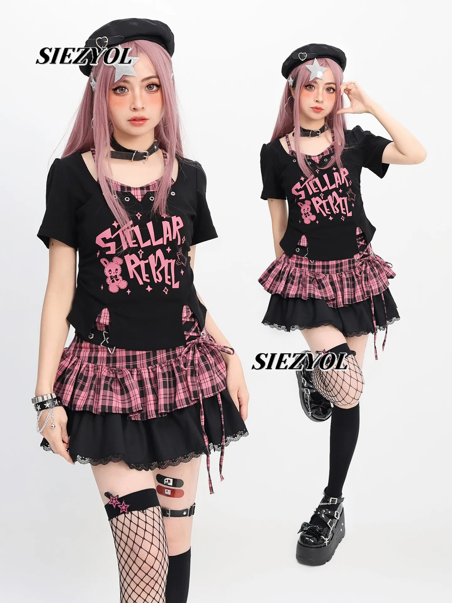 Original Y2k Sweet Girl Short-sleeve T-shirt and Plaid Mini Skirt Set Summer New Letter Print Cute Cropped Tops Womens Outfits