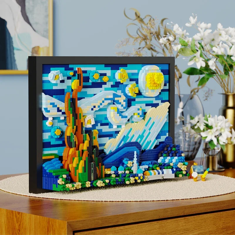 

3D Creative Building Blocks Mini Starry Night Art Frame Model Famous Masterpiece Home Decoration Collectible Toy Girls Boys 3+