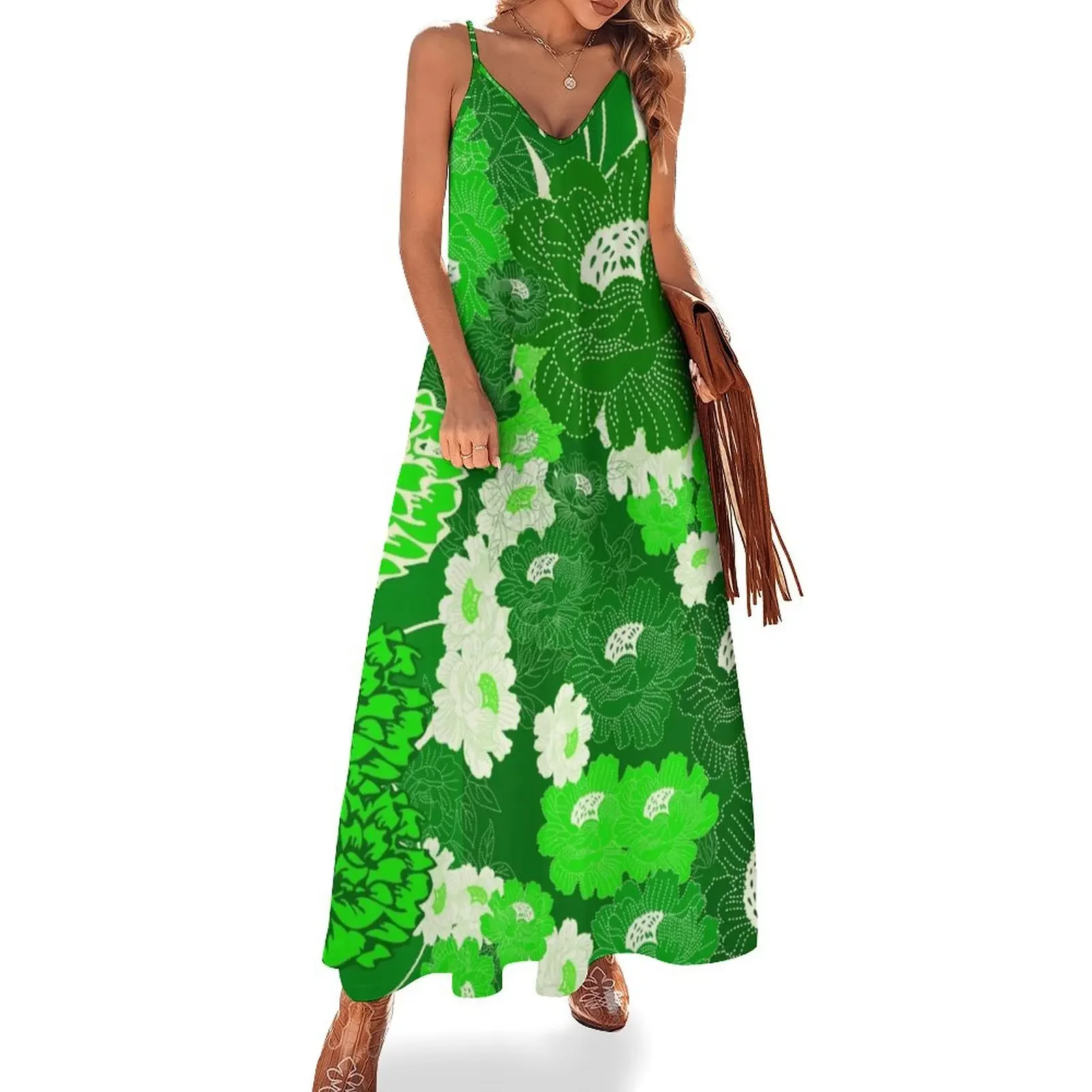 

Green & white flower power Sleeveless Dress summer dress woman 2024 trendy Dance dresses african dresses for woman