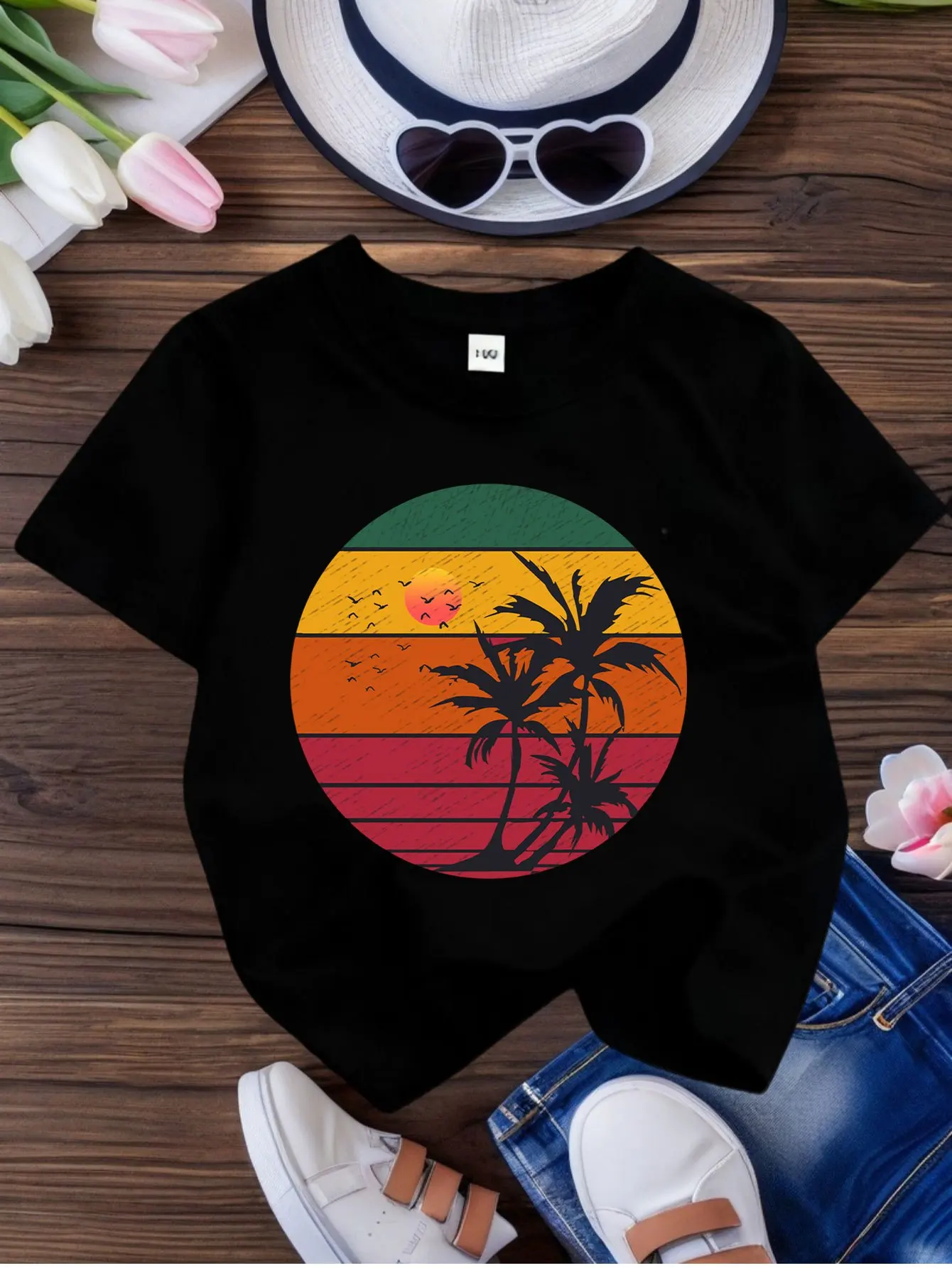 Vintage Sunset Coconut Palm Tree Round Pattern Beach Graphic Kids T Shirt Boys Girls Family Matching Summer Crew Neck Casual Tee
