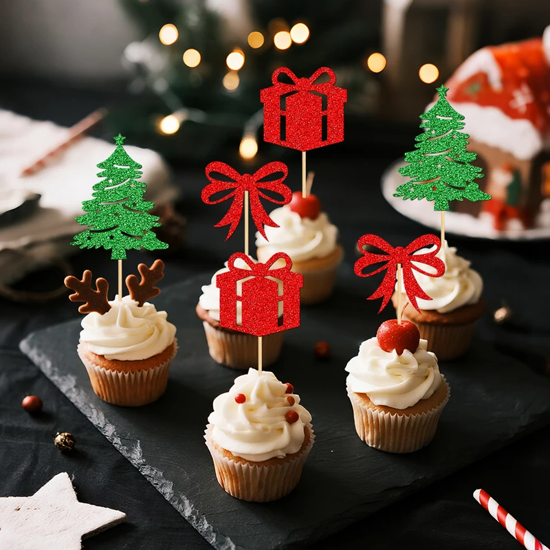 YOMDID 24 Stück Weihnachts- und Geburtstagskuchen-Topper, frohe Weihnachten, glitzernde Cupcake-Picks, Weihnachtsbaum, Schleife, Weihnachtsdekoration – Detail 11