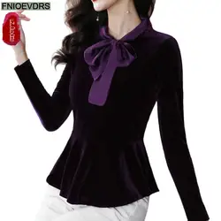 Office Shirts Basic Wear New Design Women Autumn Winter Work Lady Velvet Tops Long Sleeve Short Bow Tie Blouses