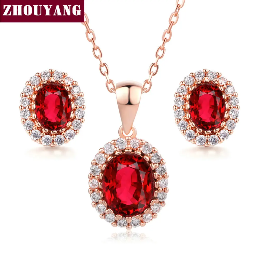 Red Crystal Necklace Earrings Jewelry Set For Women Simple Rose Gold Color Oval Rhinestone Accessories Wholesale Girl Gift S213