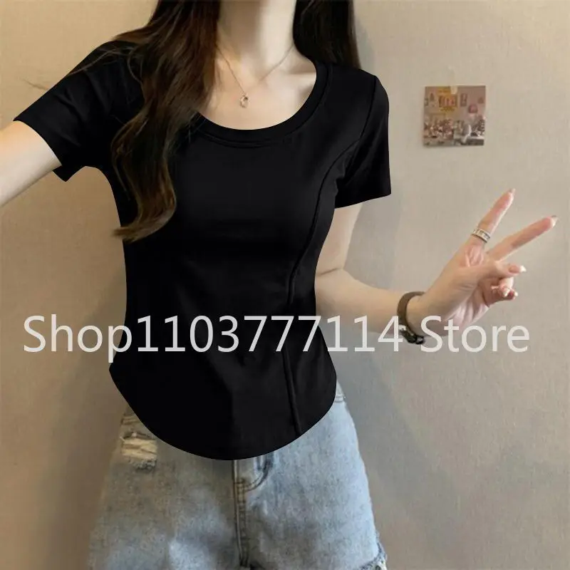 Damen Sommer Kurzarm-Oberteil für Mode Vielseitiges Basis-Shirt Slim Fit Einfarbig Rundhals T-Shirt Lässige und Sexy Kleidung – Detail 5