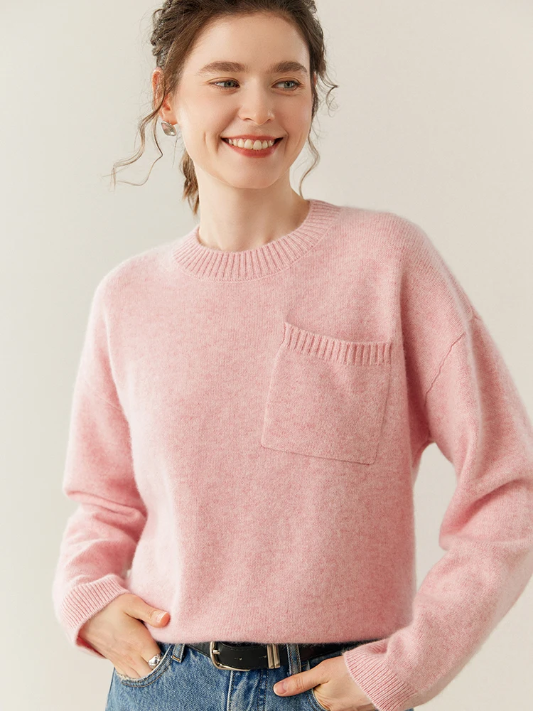 

TLOML Women's 100% Cashmere Sweater O-neck Diagonal Pocket Pullover Autumn Winter Cashmere Knitted Soft Warm Loose Casual Tops