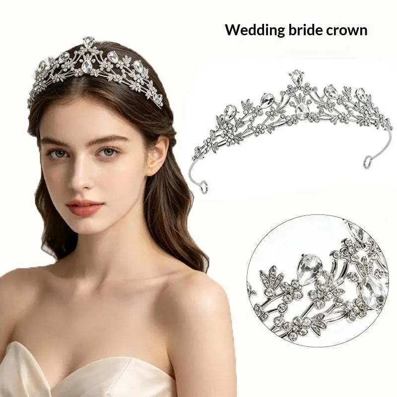 Sparkling Silver Rhinestone Bridal Tiara Delicate Floral Clear Crystal Headpiece for Brides Wedding Party