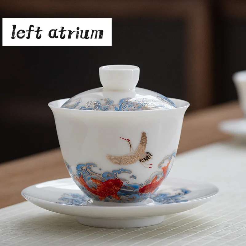 

140ml Chinese Enamel Color Gaiwan Handmade Suet Jade White Porcelain Sopera Tea Tureen Tea Maker Cover Bowl Teaware Ornaments