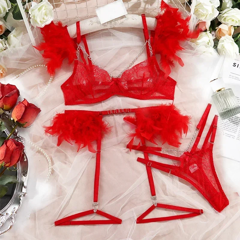 Sexy Lace Lingerie Set with Feather Women's Chain Perspective Underwear Garters Exotic Apparel Suit Female Solid Transparent Bra
