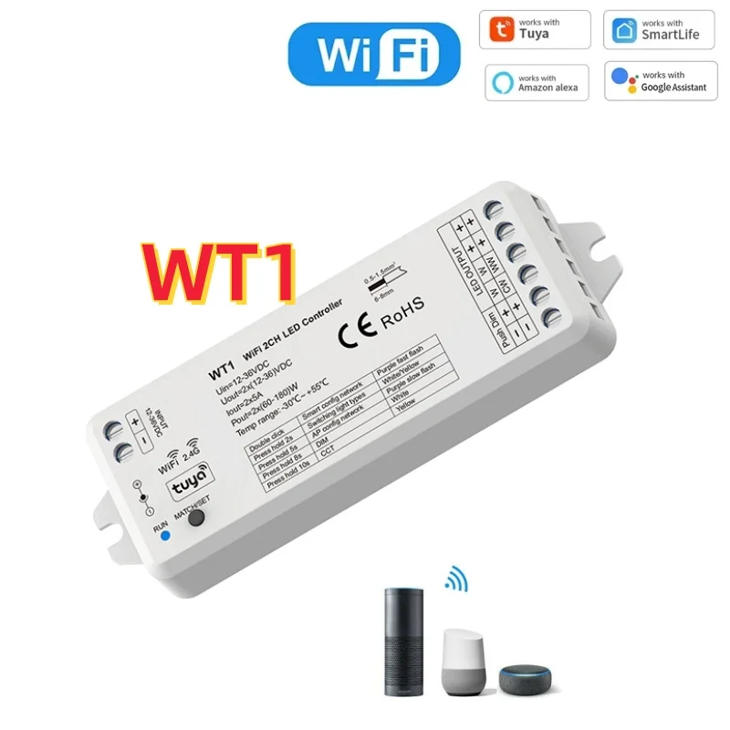 WT1 Tuya WiFi LED Dimmer Controller DC12V-36V 2CH Smart RT1/2 TW1/2 2.4G RF Wireless Remote Dimmer Switch WW CW CCT Controller