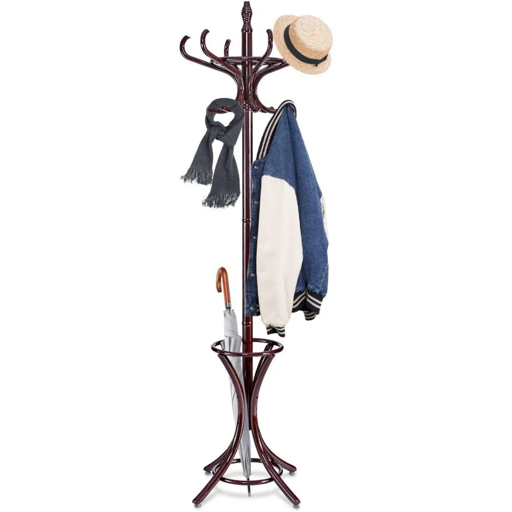 

GOFLAME 73" Coat Rack Freestanding, Wooden Coat Tree with 12 Hooks and Umbrella Stand, Entryway Hall Tree