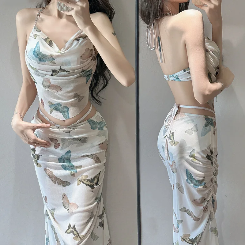 セクシーな kpop バタフライプリント水着 3 個ラインストーンホルターネクタイベストとロングカバースカートビキニパッド入り水着 biquini タンキニ