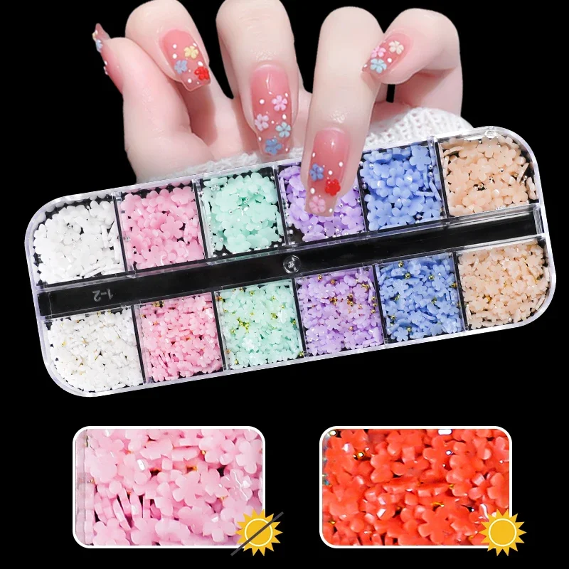 12 Gitter Farbwechsel Acryl Blume Nail Art Dekor lichte mpfindliche Makronen Blümchen 3d Zubehör Kit Nägel Dekoration Lieferungen