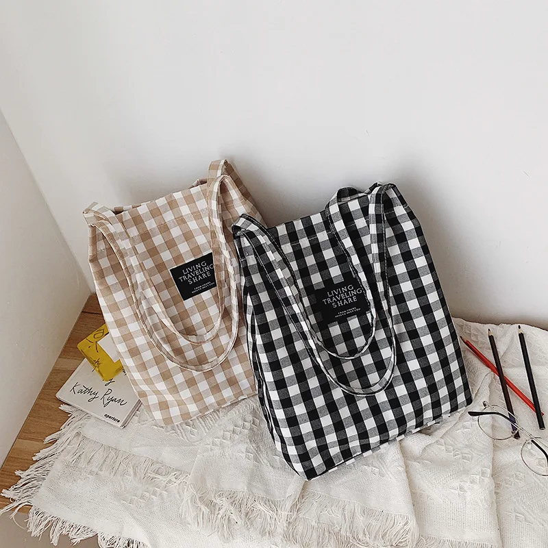 Ins Wind Plaid Canvas Tote Shoulder Bag  for Women Eco Shopping Bag Daily Use Handbag Large Capacity Cotton Linen Female 2023