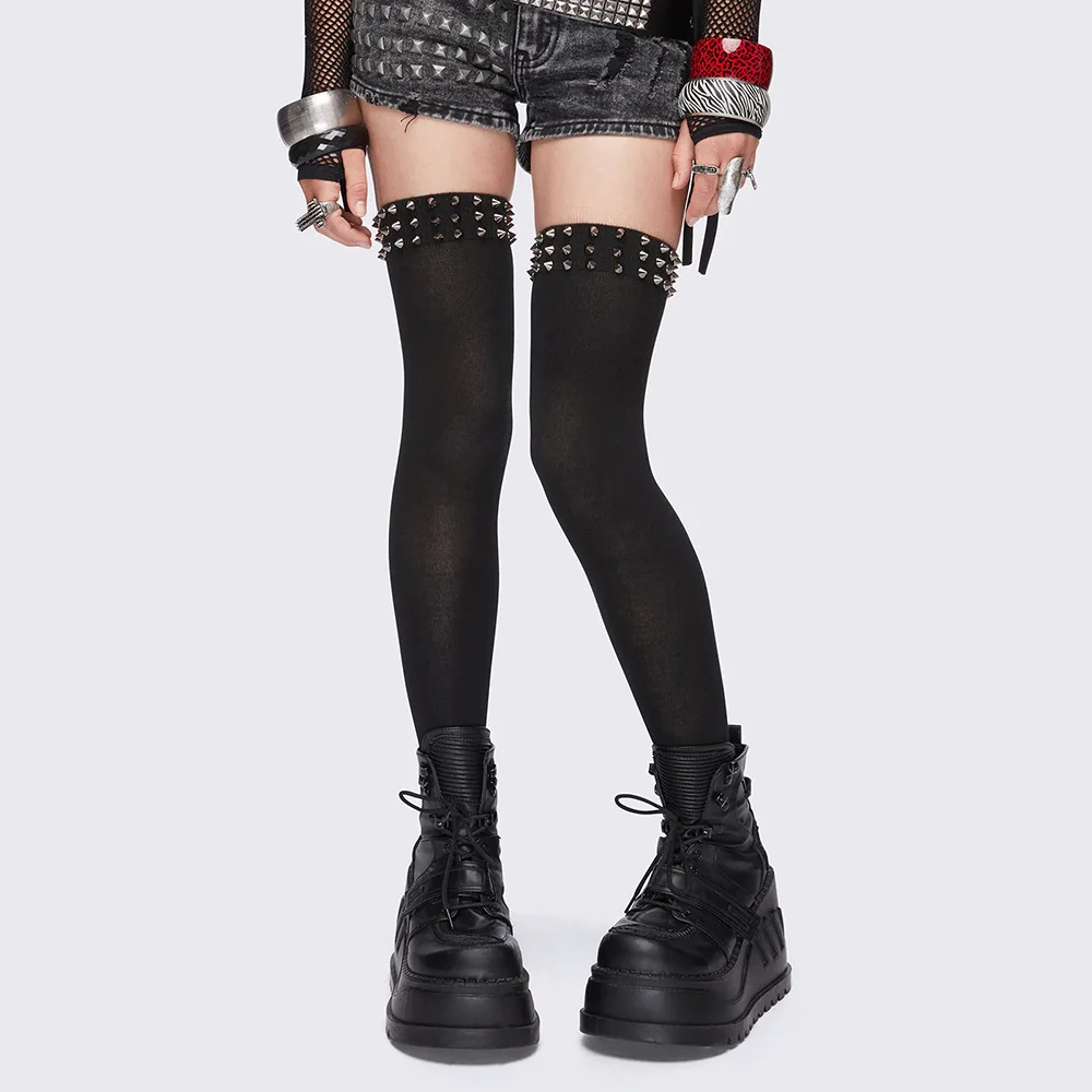 Y2K Gothic Punk Over The Knee Solid Polyester Stockings Spike Rivet Trim Elastic Non-slip Long Tube Socks Subculture Alt Hosiery view 4