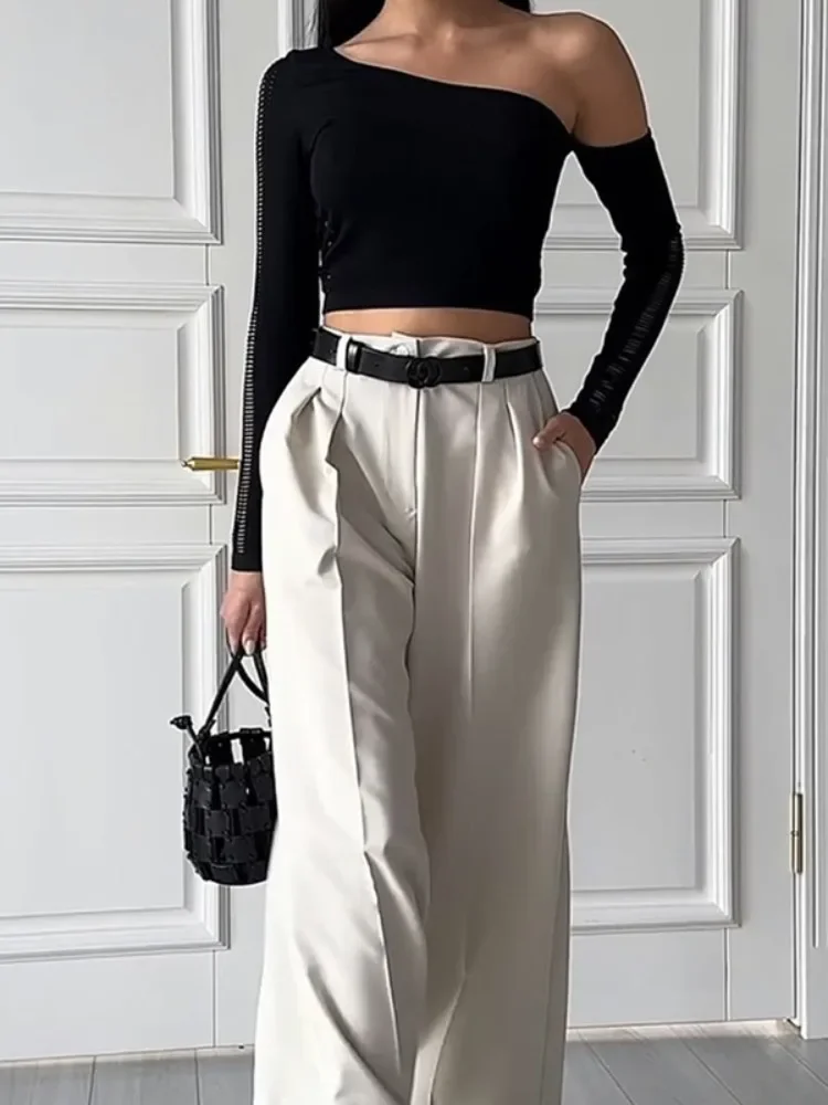 Freeacy Elegant Pants for Urban Women Solid Color High Waist Buttoned Loose Fit Floor Length Trousers Stylish Commuter Bottoms