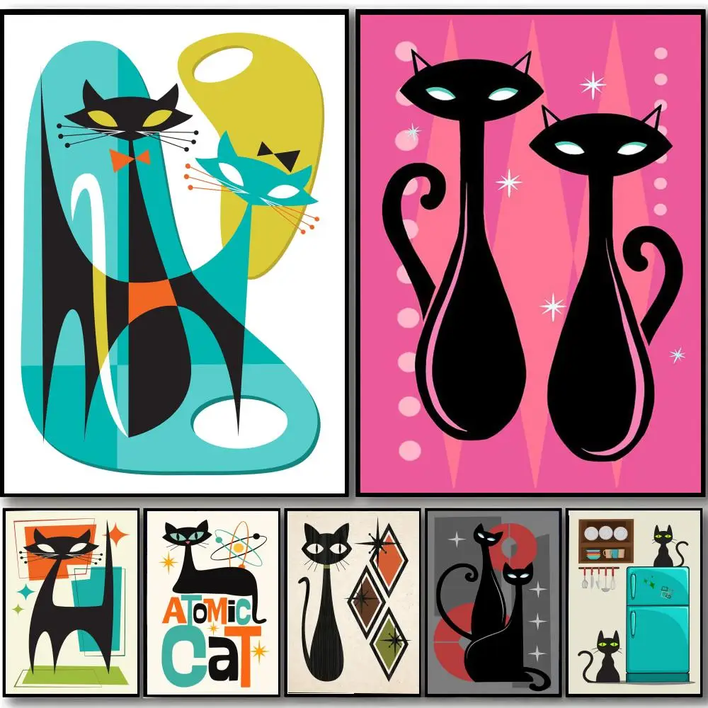 Mid Century Black Cat Poster HD art sticky wall waterproof home bedroom bar aesthetic decoration