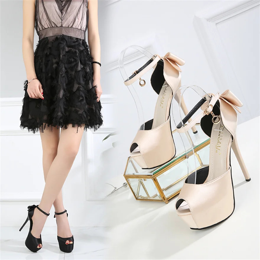 Elegant Bow-knot Peep Toe Women Sandals Crystal Buckle Hollow Sexy High Heels Pumps Female Dress Shallow Pink Wedding Shoes 2024