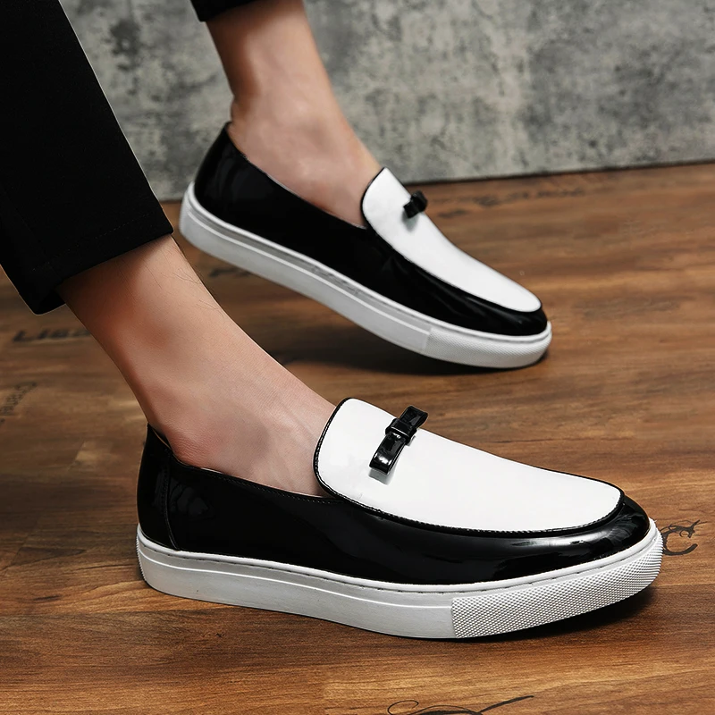 British Style Black White Mixed Colors Fashion Men\'s Panter Leather Loafer Shoes Daily Casual Banquet Slip-On Men Flat Shoes