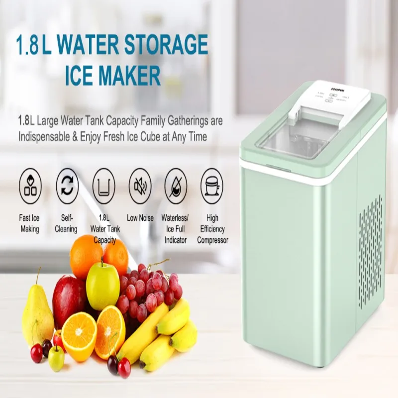 

Настольный льдогенератор с ложкой для льда и корзиной для льда Два размера кубиков льда Функция самоочистки Ежедневное производство льда: 26 фунтов