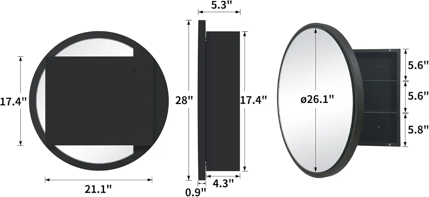 Foamyko 28 Inch X 28 Inch Round Medicine Cabinet, Circular Bathroom Mirror Cabinet, Wall Surface Mounted Storage Farmhouse