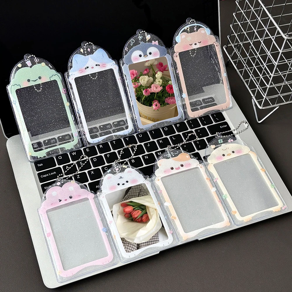 High Value Cute Animal Card Holder Transparent Glitter Card Holders Photo Card Case Keyring Pendant Girl Gift Bag Accessories