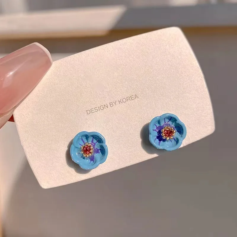 Small Blue Flower Stud Earrings for Women Cute Acrylic Rhinestones Sweet Mini Earrings Trendy Party Simple Jewelry Girls Gift