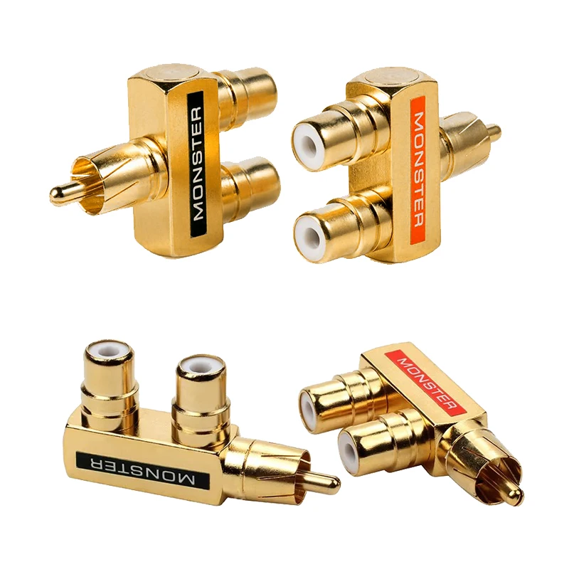 1pcs Monster lotus tee pure copper gold plated audio RCA 1/2 connector 1male / 2female AV adapter connector