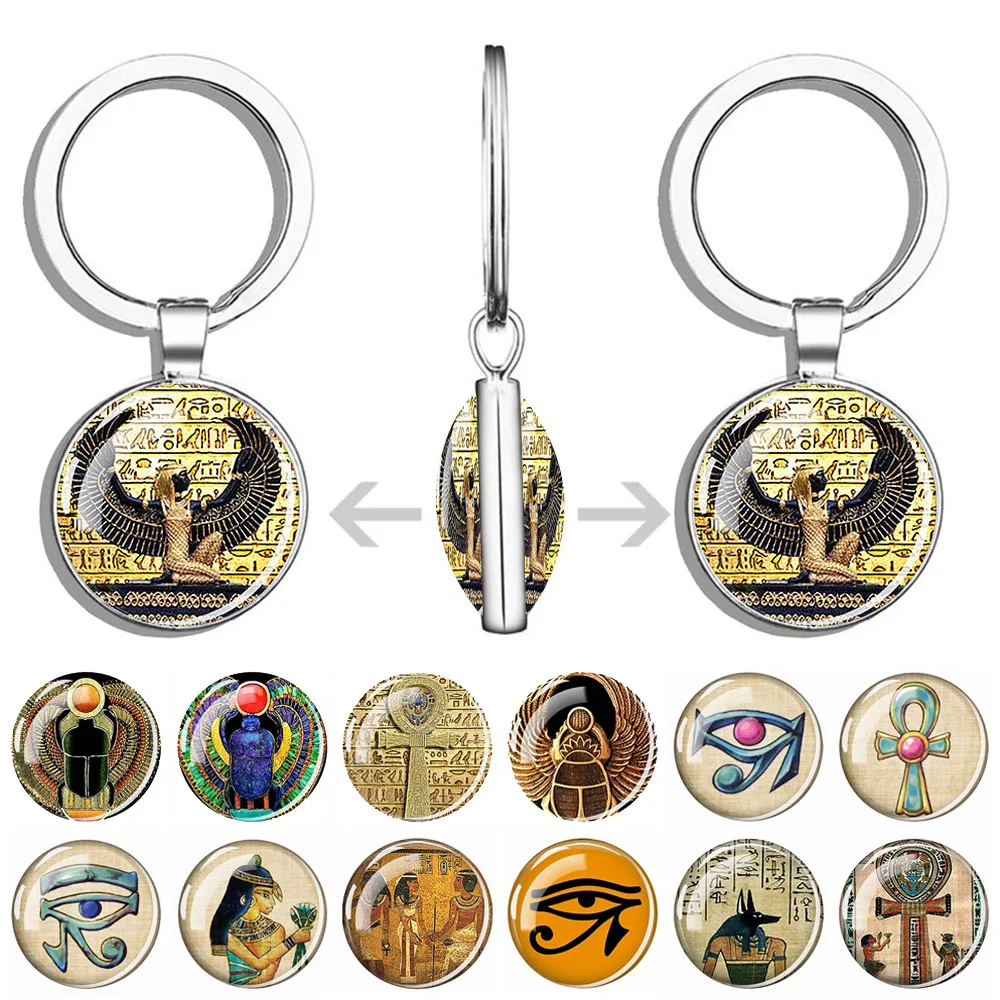 Ancient Egyptian Keychain Scarab Ankh Isis Goddess The Eye of Horus Anubis Glass Pendant Key Chain Souvenir Jewelry Gift Keyring