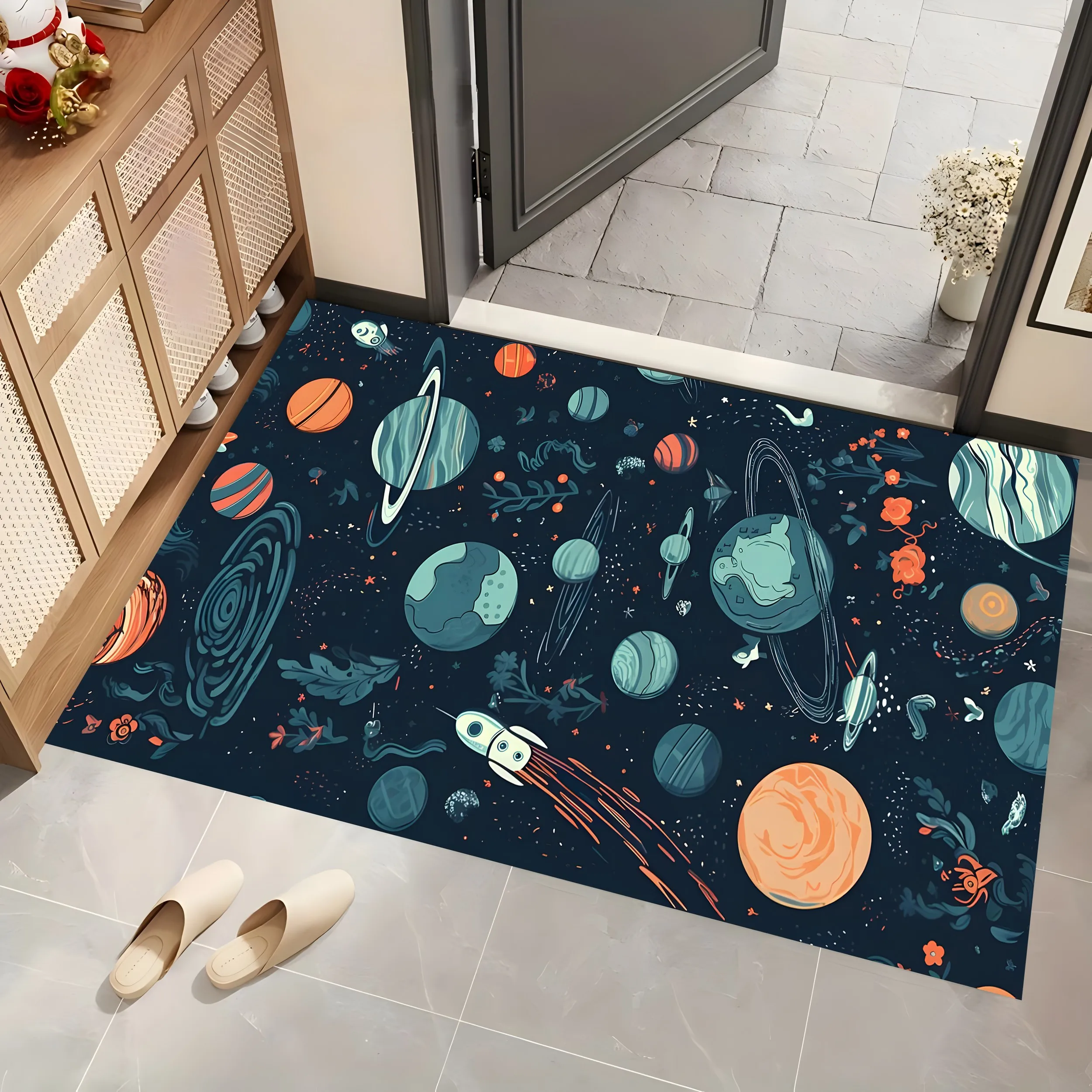 Cartoon Planet Rocket 2D Area Rug in Dark Trendy Style for Living Room and Bedroom, Halloween Party Decor