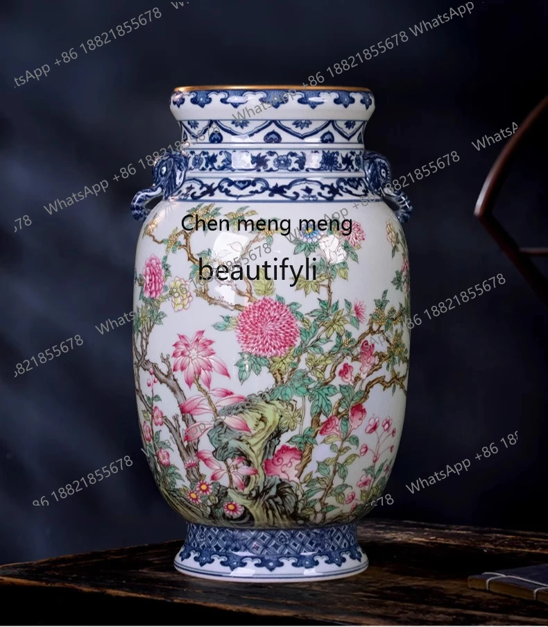 Hand-painted blue and white porcelain gold-painted flower binaural bottle Chinese living room entrance bogu frame ornament