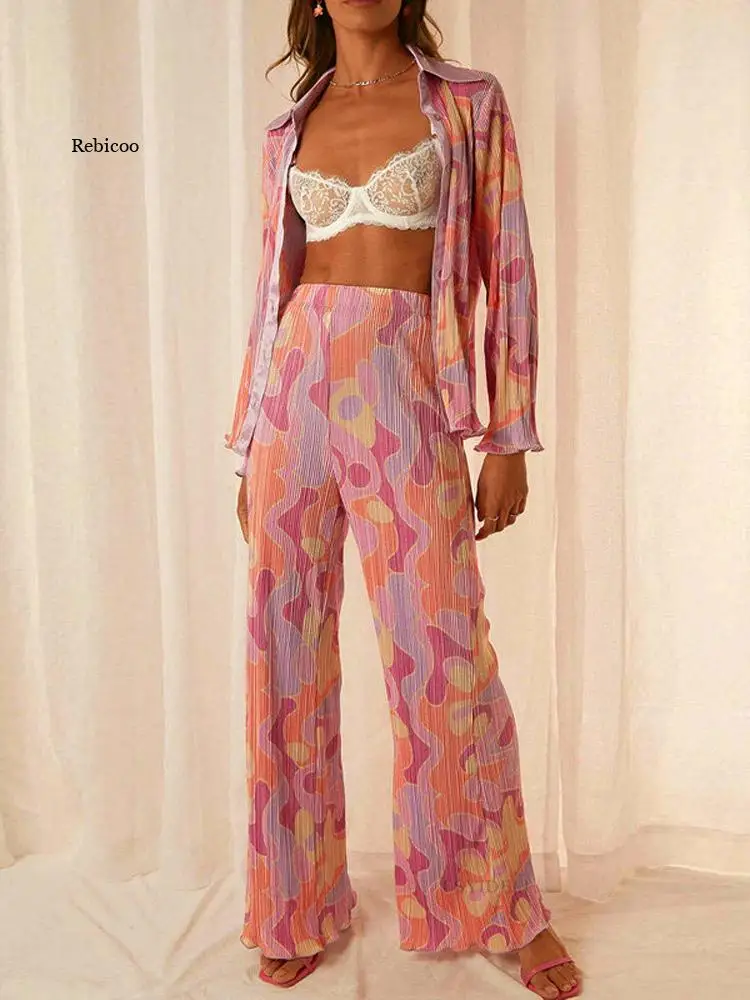 

Print Pleated Suit Women Lapel Long Sleeve Shirt Top And High Wasit Pants Set Elegant Casual Pants Outfits Two Piece Set
