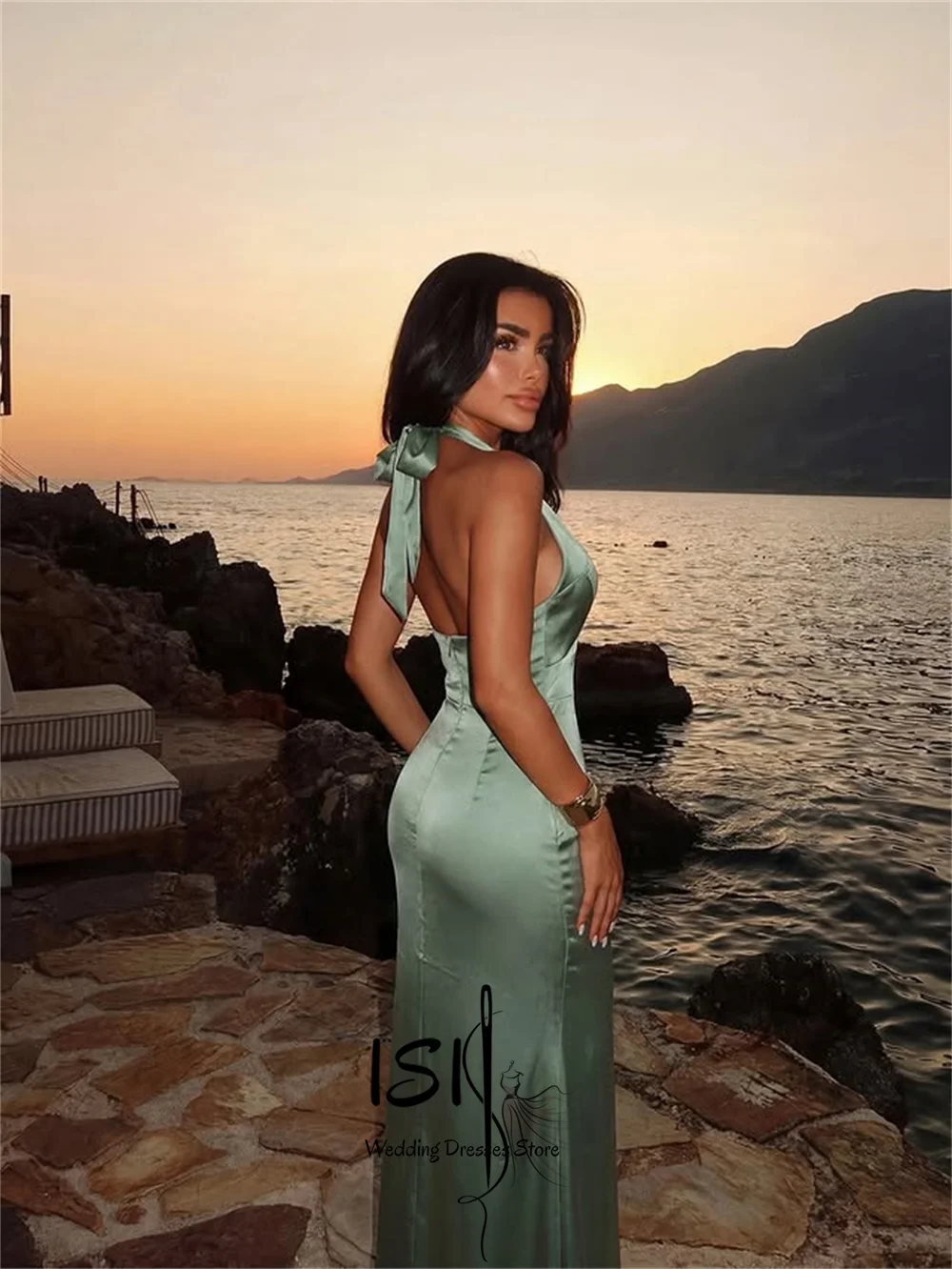 Vestidos de Fiesta de Sirena a la Moda ISI, Vestido de Noche con Cuello en V, de Satén de Seda, con Pliegues, Vestidos de Fiesta Personalizados ﻿