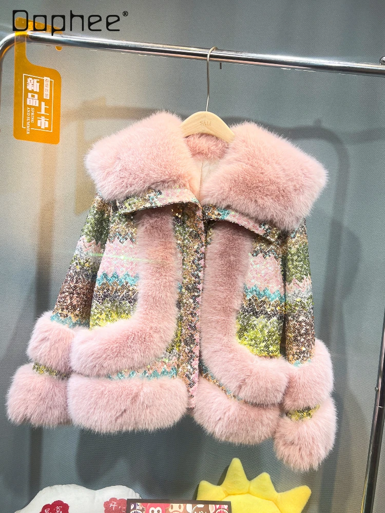 

Heavy Industry Sequined Pink Mink Fur Coat Women 2024 New Fashion Big Lapel Loose Versatile Faux Fur Top Jacket Women