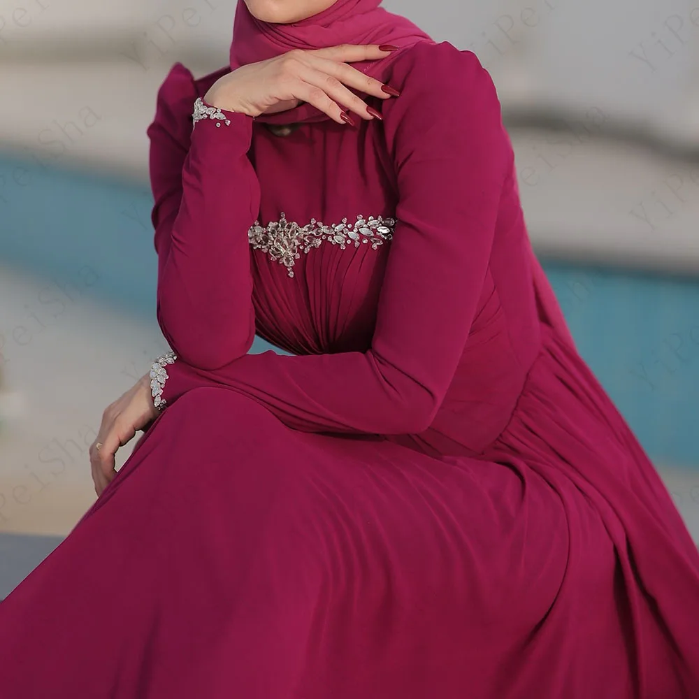 Abiti da ballo a-line personalizzati Abito da sera a maniche lunghe con collo alto al pavimento Abito da festa casual drappeggiato semplice in cristallo di moda