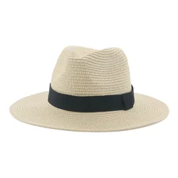 Black Ribbon Panama Straw Hat Flat Eaves Outdoor Spring and Summer Sunshade Beach Hats for Women