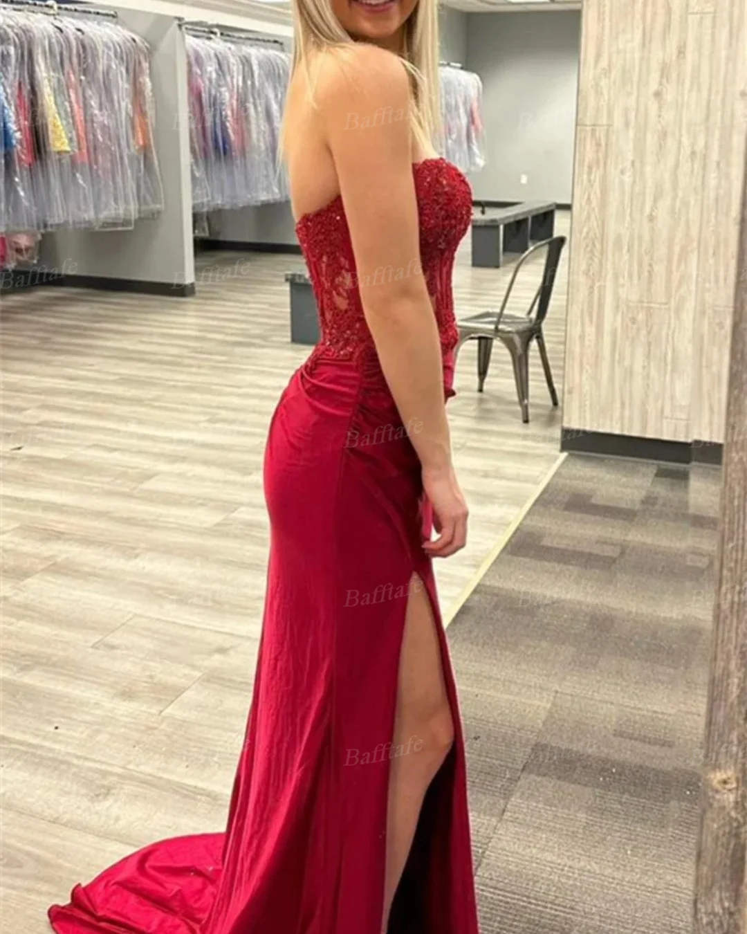 Bafftafe Burgundy Mermaid Satin Evening Dresses Appliques Lace Customized Women Formal Wedding Party Bridesmaid Gowns Prom Dress