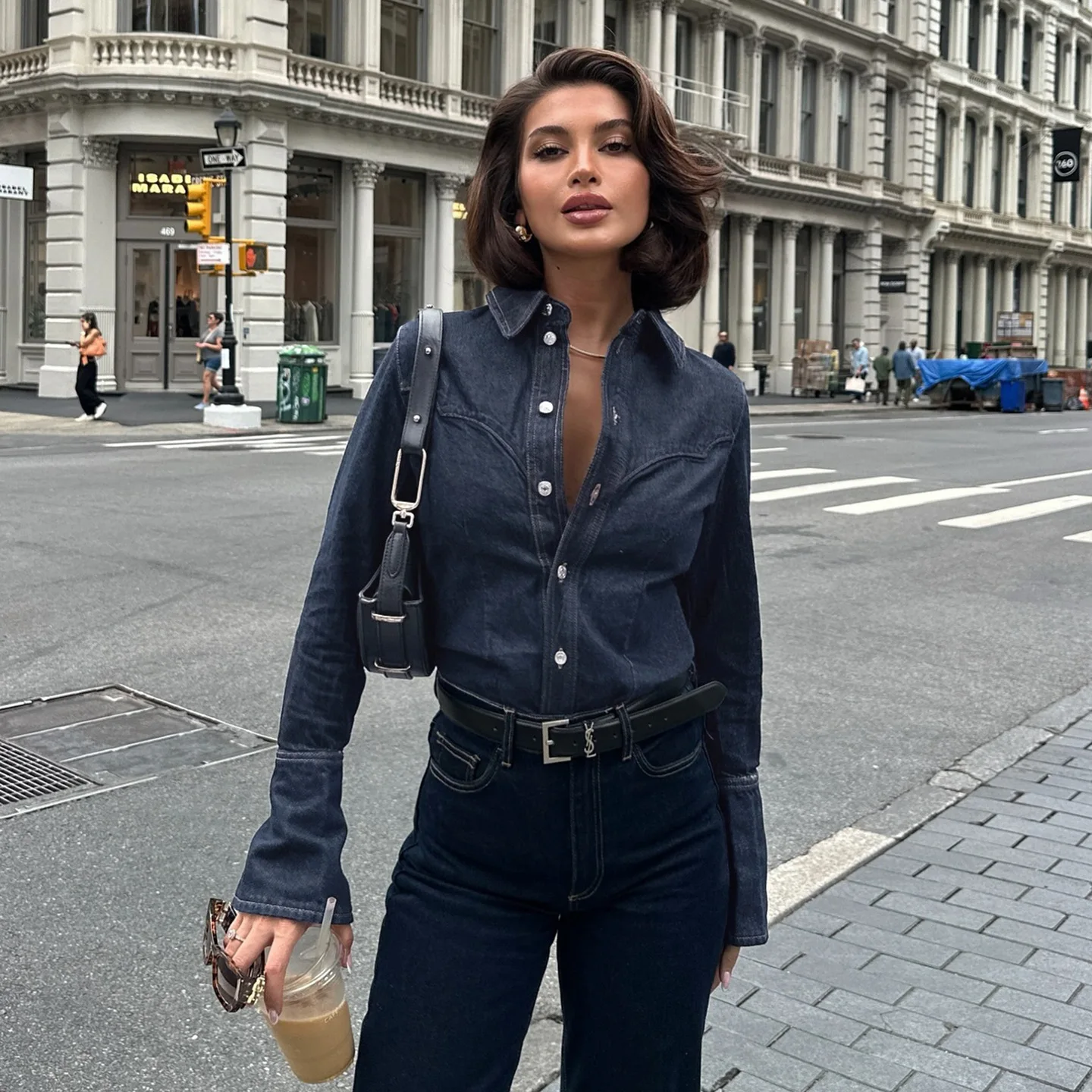 

Western Hot Girl Denim Shirt for Women,Slim Fit Turn-Down Collar Long Sleeve Button Blouse, Trendy Split Street Party Top