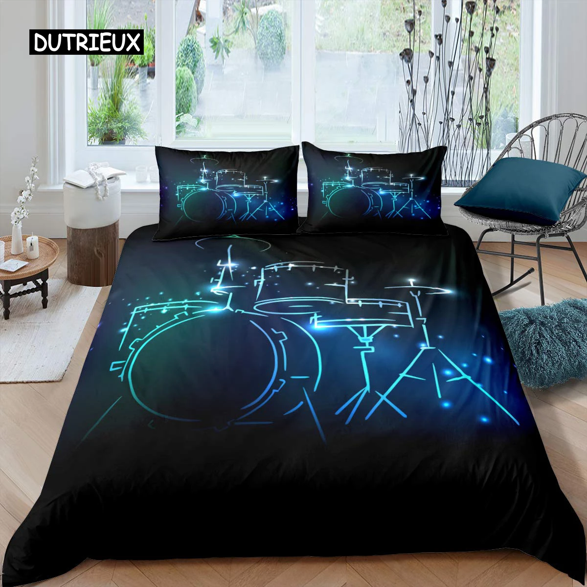 Blue Drum Kit Duvet Cover Set Microfiber Rock Roll Pop Music Twin Bedding Set Musical Instrument Glitter Lines Comforter Cover