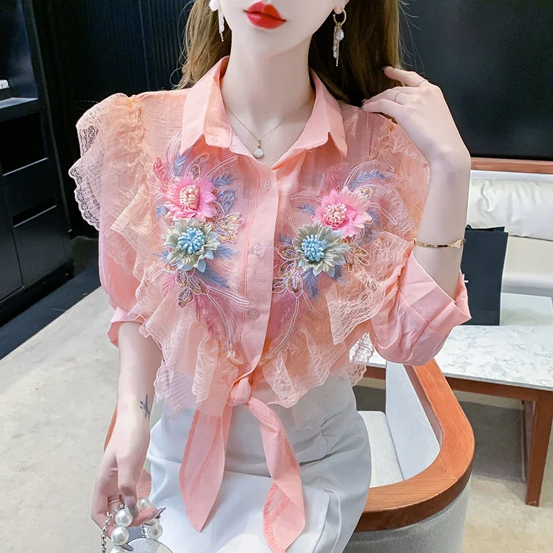 Chiffon Vintage Women Blouses Summer Appliques Women\'s Shirts Lace Patchwork Clothing Sales Loose Short Sleeve Ruffles Tops