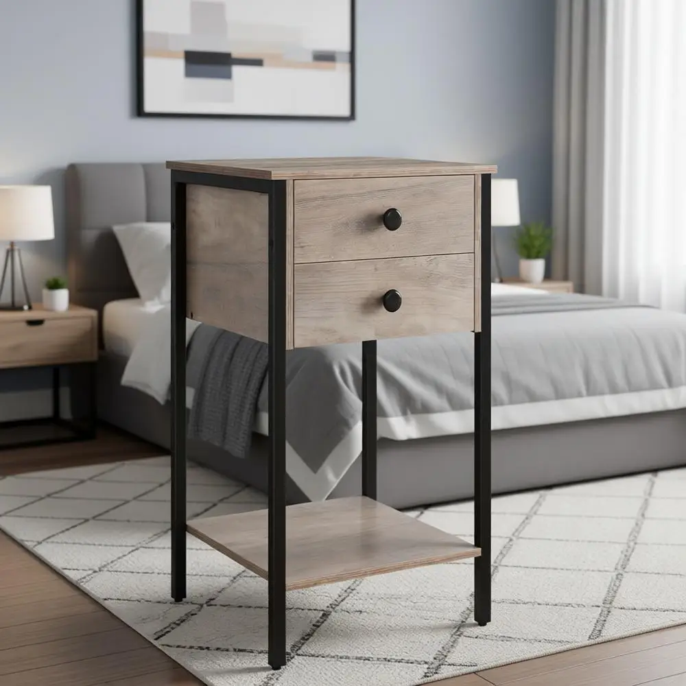 

Компактная прикроватная тумба в индустриальном стиле с 2 ящиками и полкой для хранения – Простая сборка, цвет серо-бежевый и черный