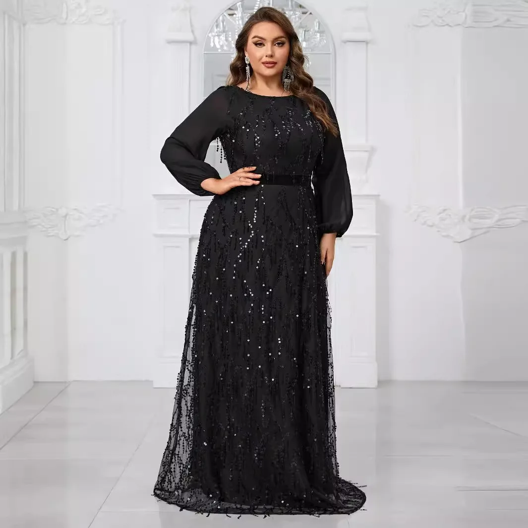Vestido de noche Formal elegante, corte en A, manga larga, gasa, lentejuelas, cuello joya, tren de barrido, vestido de invitados de boda, personalizado gratis 2025