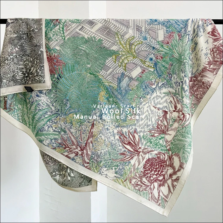 

Green Double-Sided Wool Silk Scarf Women Forest AB Print Shawl Brand Winter Warm Kerchief Bandana 135cm Stole