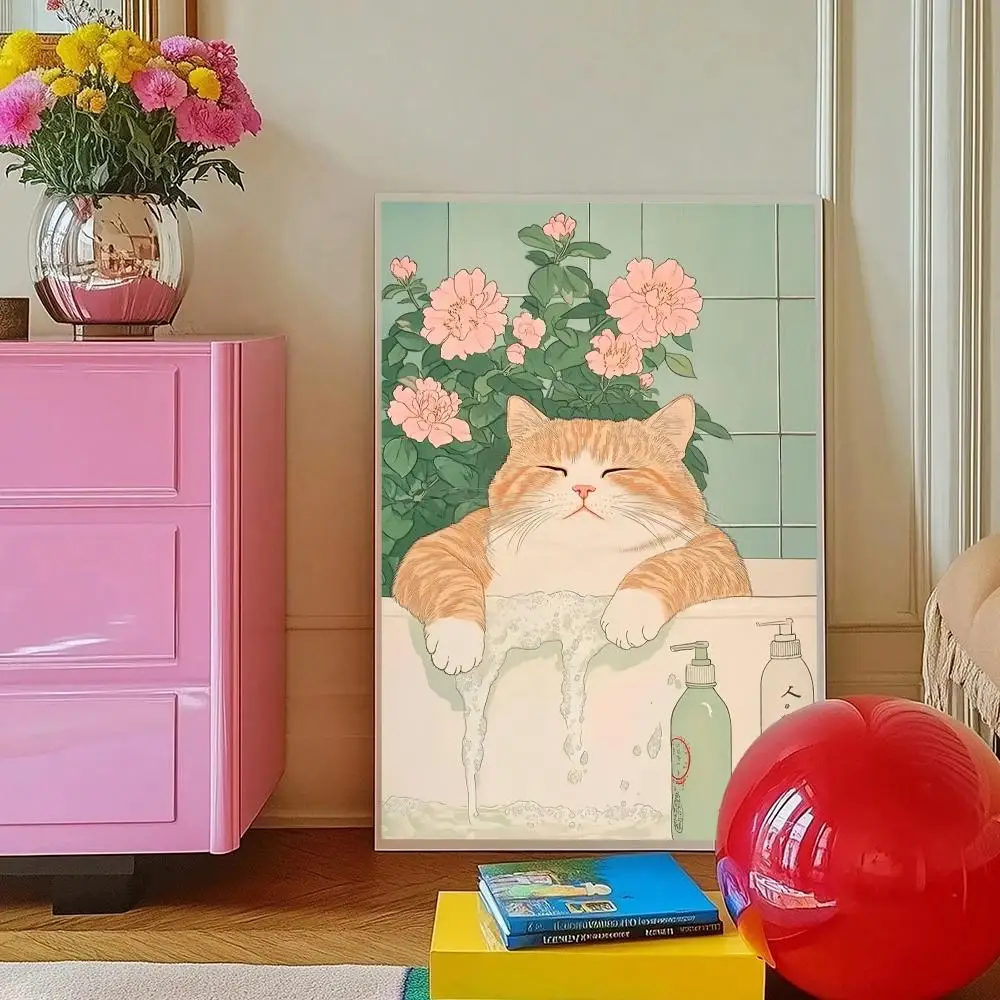 Ukiyo-e Ginger Cat HD Wall Art Poster Funny Cat in Bathtub Japanese Retro Animal Bathroom Home Decor Cat Lover Gift