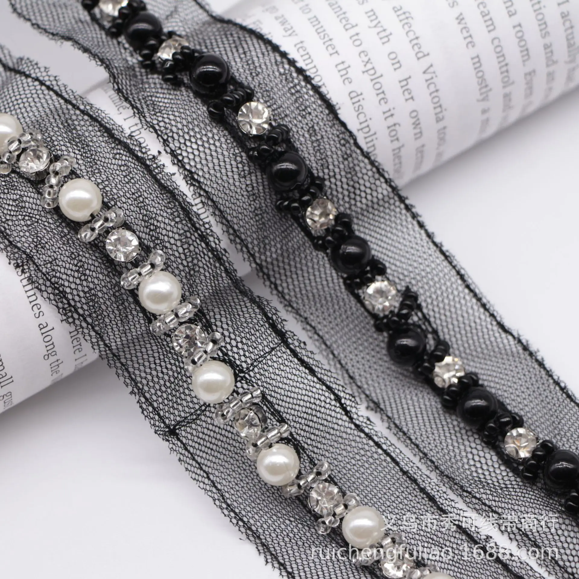 

Mesh Handmade Beaded Lace Trim with Diamond-inlaid Bead Tube Lace Accessories Clothing Hair Accessories Handmade DIY Material