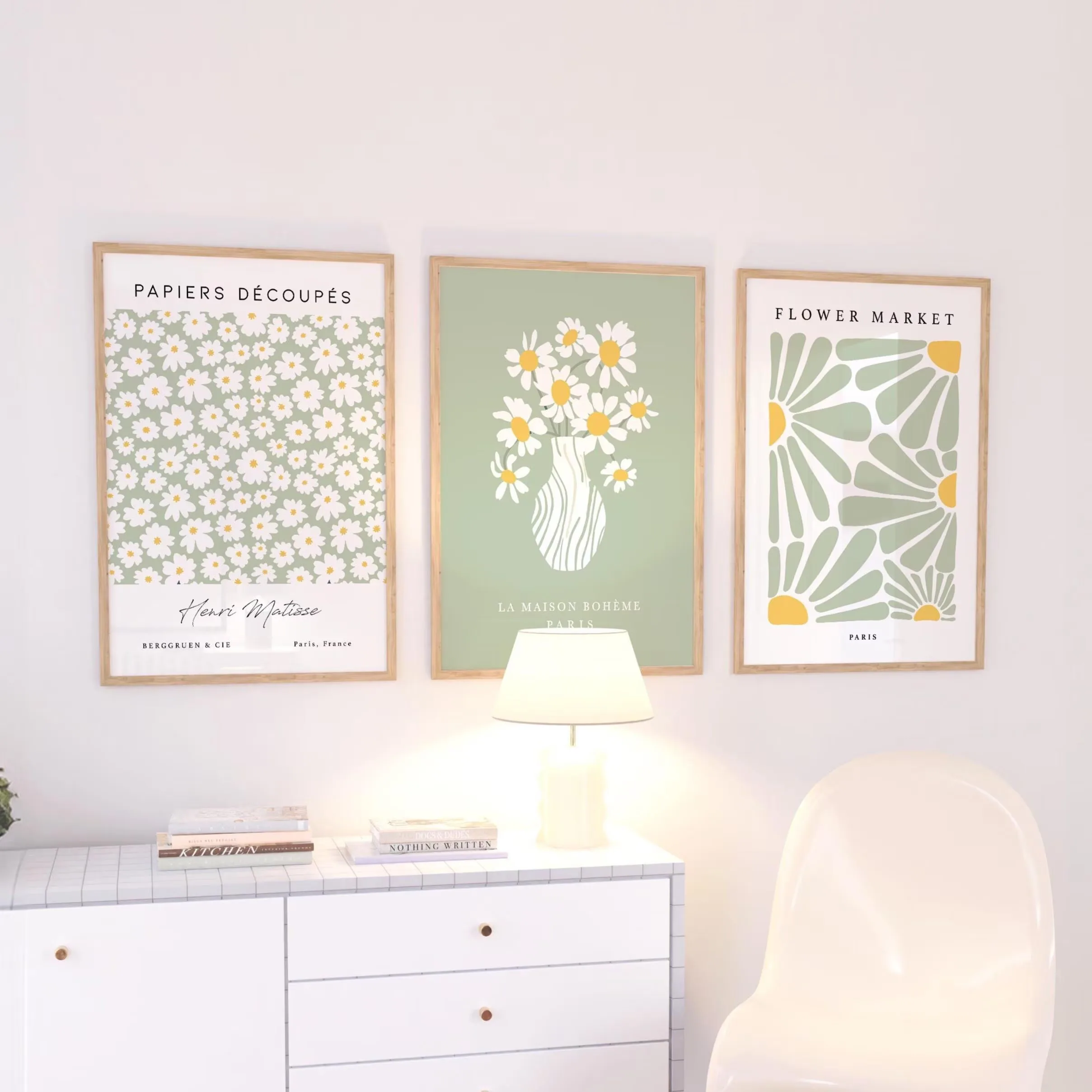 Sage green print sage and daisy wall decoration Matisse poster Paris flower market living room decorative painting home décor
